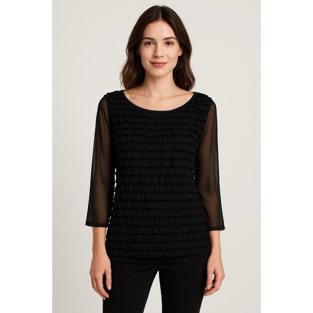 Cocomo Womens Witchy Ruffle Tiered Top Size Medium Black Sheer 3/4 Sleeve